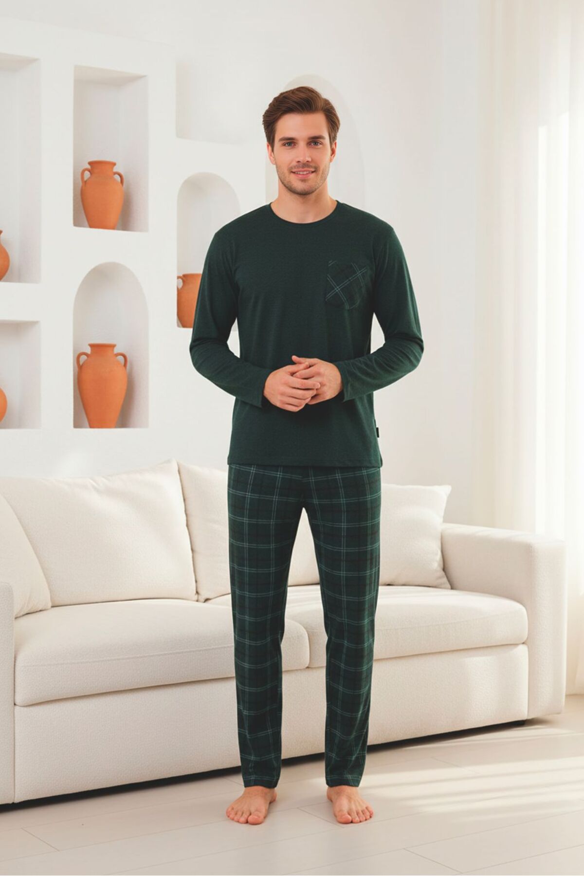 Sude HOMEWEAR  Erkek Ekoseli Cepli Uzun Kollu Pijama Takımı - Görsel 2