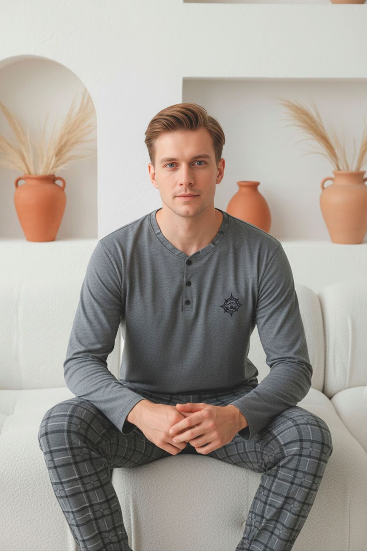 Sude HOMEWEAR Erkek Uzun Kol Antrasit Renk Yarım Pat Düğmeli Pijama Takımı