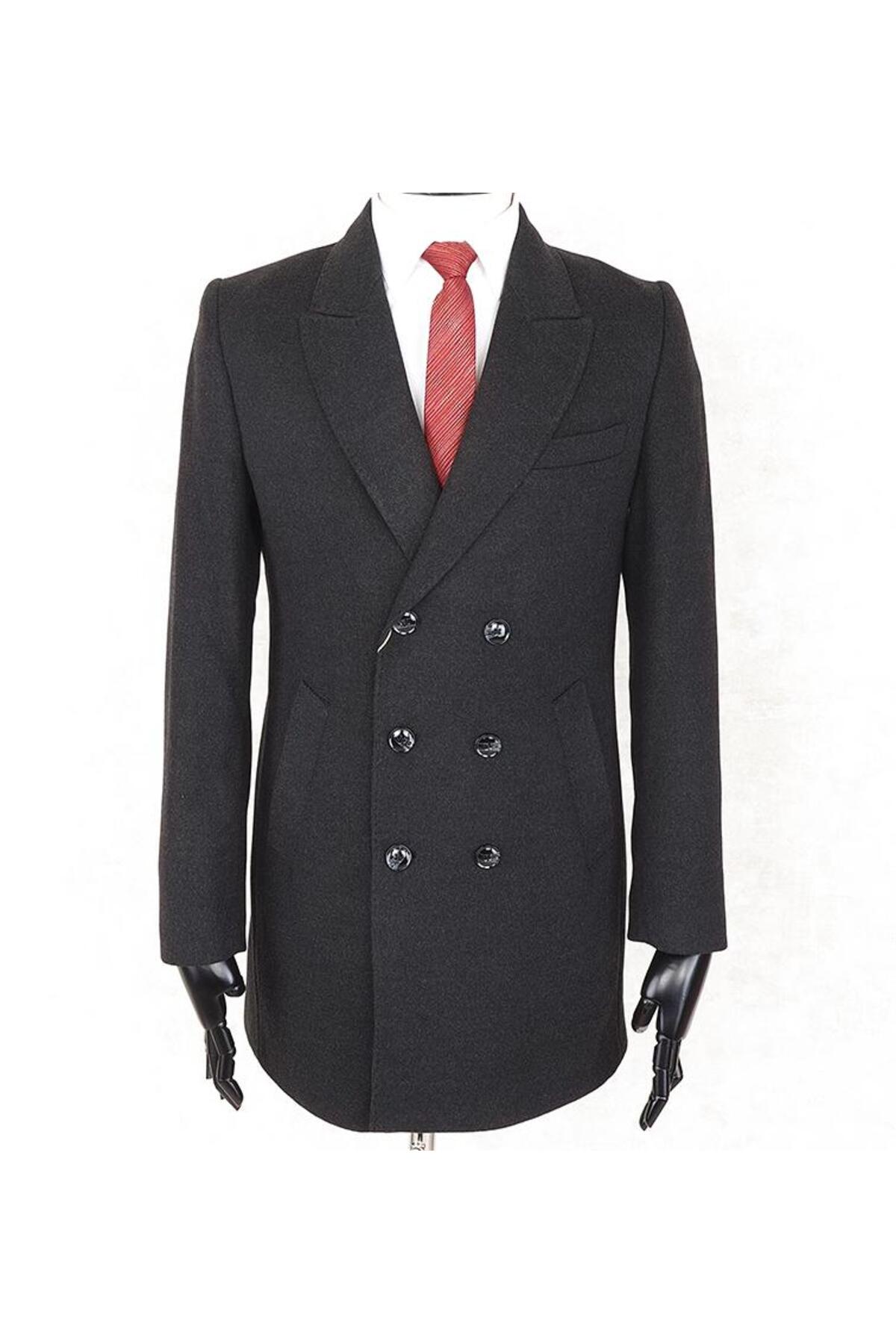 Jan Carlucci  JANCARLUCCİ Erkek Kruvaze Dar Kesim Antrasit Çıkarılabilir Kürk Yaka Detaylı Kaşe Kaban - Görsel 2