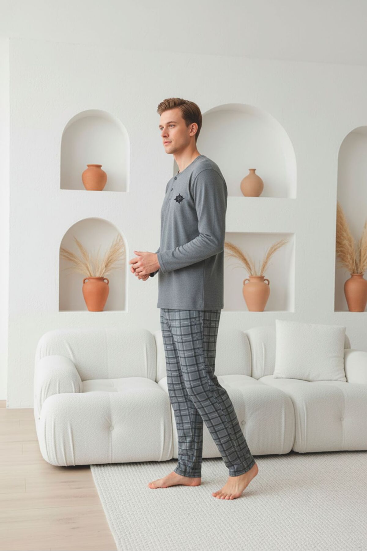 Sude HOMEWEAR Erkek Uzun Kol Antrasit Renk Yarım Pat Düğmeli Pijama Takımı görsel 4