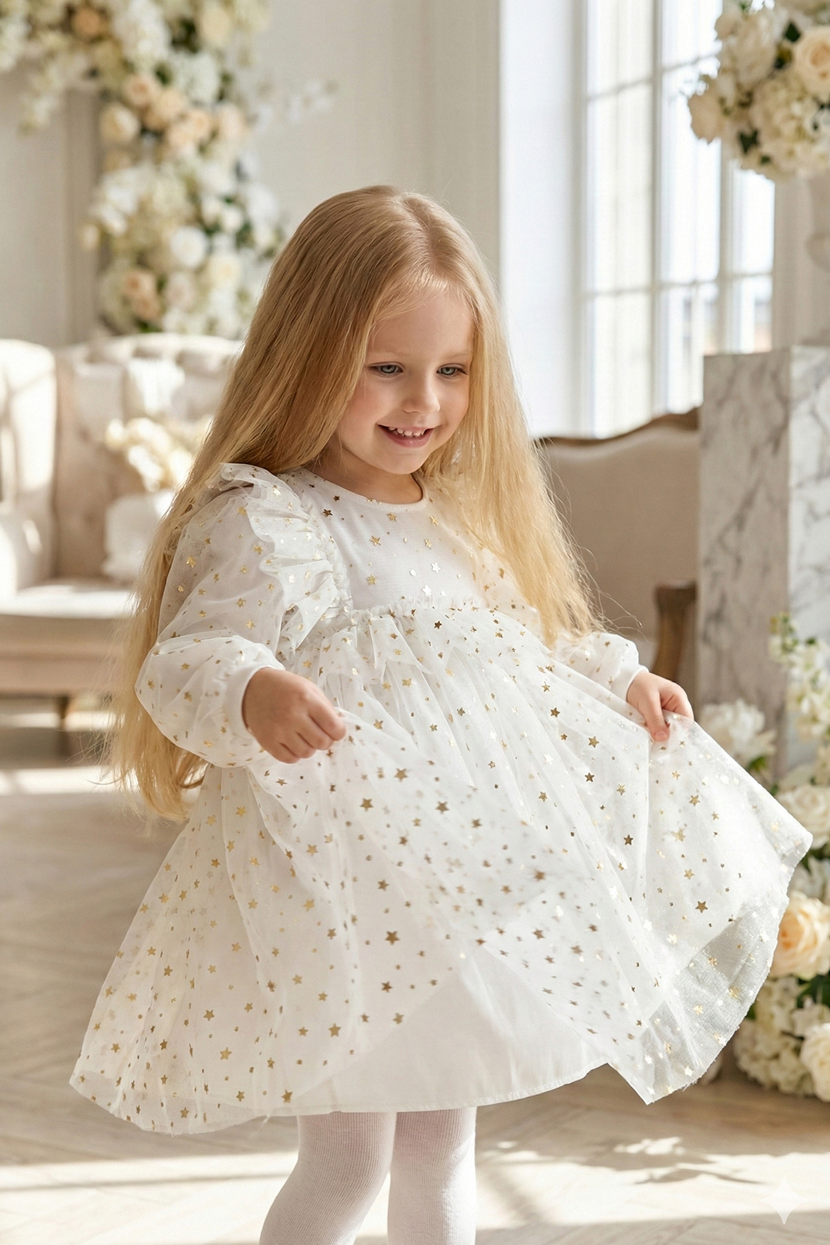 ALYRA Kız Bebek Çocuk Yıldızlı Tüllü Uzun Kollu Penye Astarlı Doğum Günü Özel Gün Parti Bayramlık Elbise fotoğrafı 2 (önizleme)
