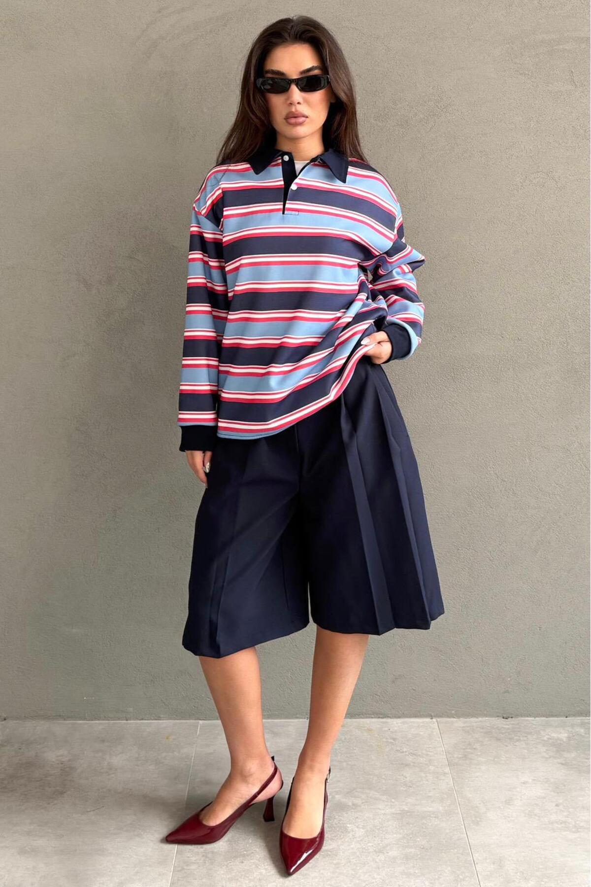 Seeh Lacivert Çizgili Polo Yaka Kadın Sweatshirt SH324 görsel 3
