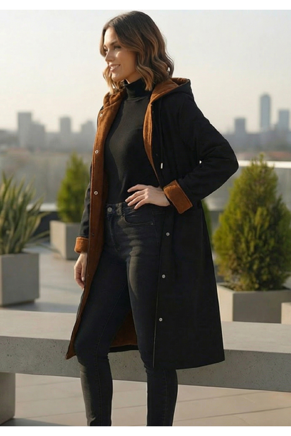 Little Visqon  Kadın Siyah Su Geçirmez Mikro Kumaş Kapüşonlu İçi Viskon Karışımlı Kaşe Astarlı Midi Boy Mont - Görsel 6