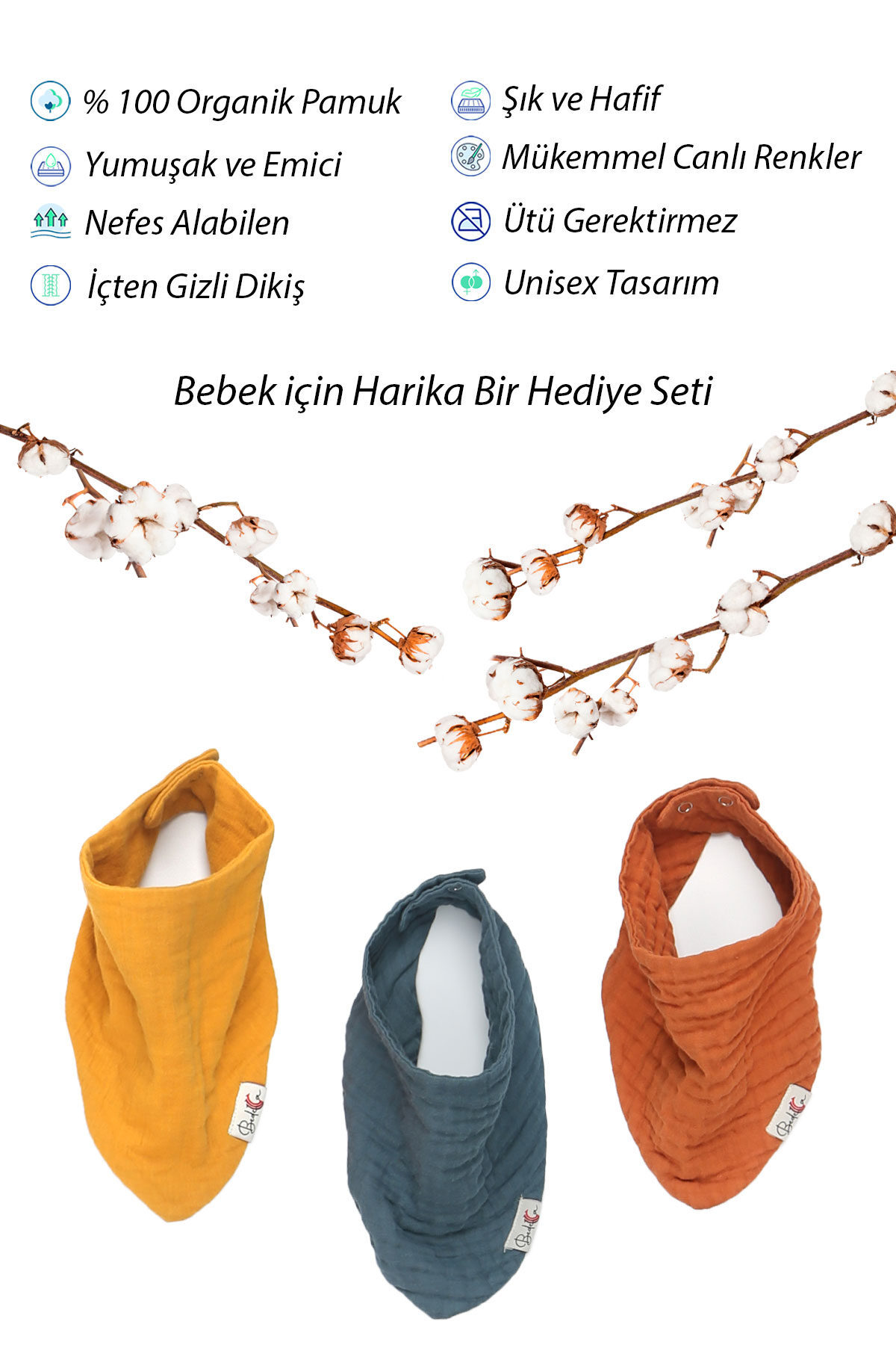 Bedeca 3'lü %100 Organik Pamuk Bebek Müslin Önlük - Kız Erkek Bebek Salya Ve Mama Önlüğü, Fular, Yakalık fotoğrafı 5 (önizleme)