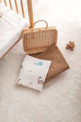 Bedeca 2'li Set %100 Organik Pamuk Müslin Bebek Örtüsü - Dinozor Baskılı 90x1...