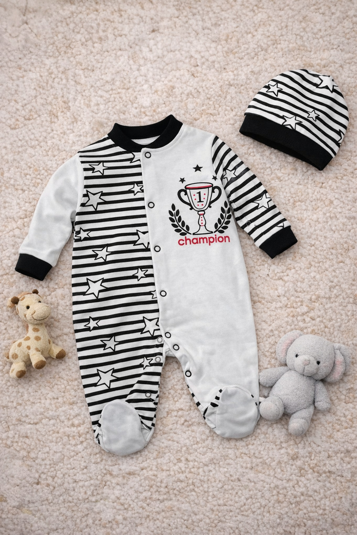 Fan Baby Hat Jumpsuit Besiktas 2-Piece Set - Black and White