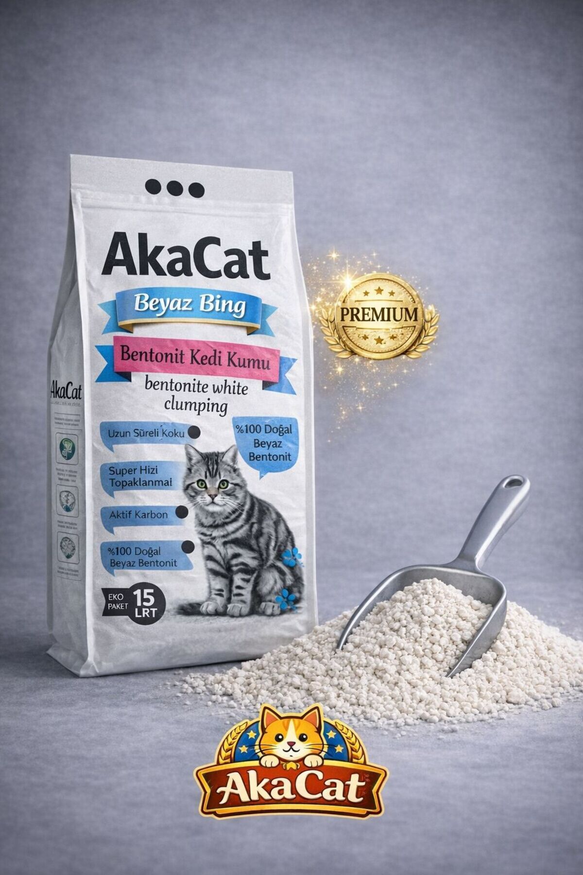 AKACAT 15 Lt Beyaz Bentonit Doğal %100 Topaklaşan Ince Taneli Kedi Kumu