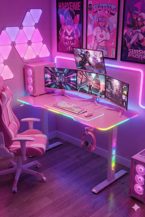 Karr Gaming Ion 25mm Rgb Aydınlatmalı Oyuncu Masası | Pembe Karbon Fiber Kaplama