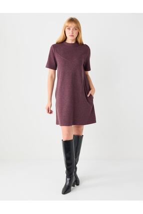 Jimmy Key Gül Kurusu Yumuşak Dokulu Bisiklet Yaka Örme Mini Elbise