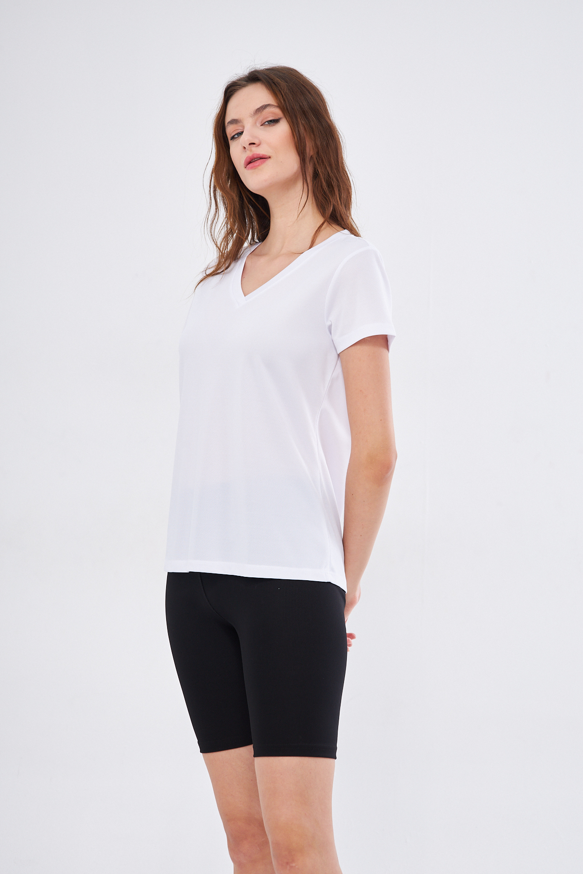 YÜKSEL IŞIK Spor T-shirt V Yaka Düz Beyaz