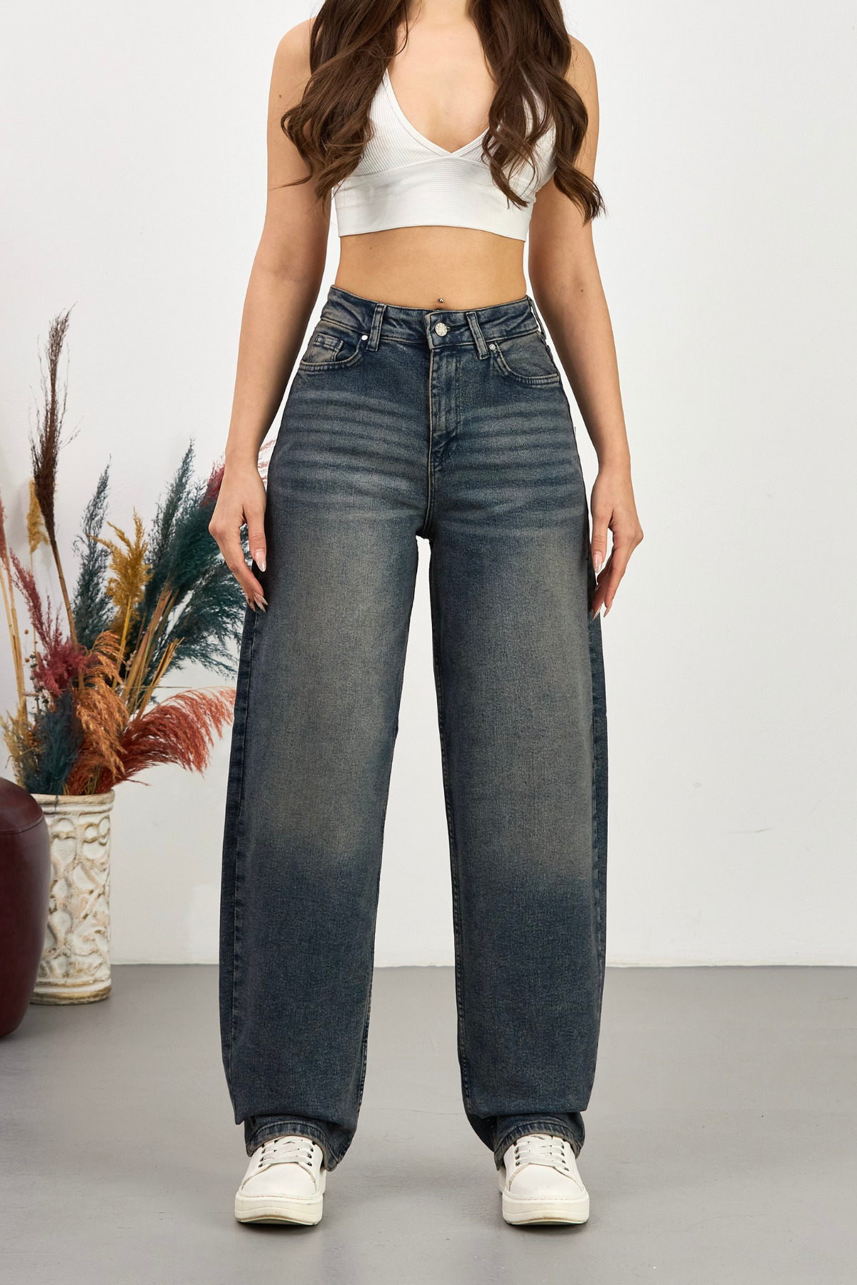 BİKELİFE  Kadın Street Style Bol Kesim Geniş Paça Baggy Kot Pantolon