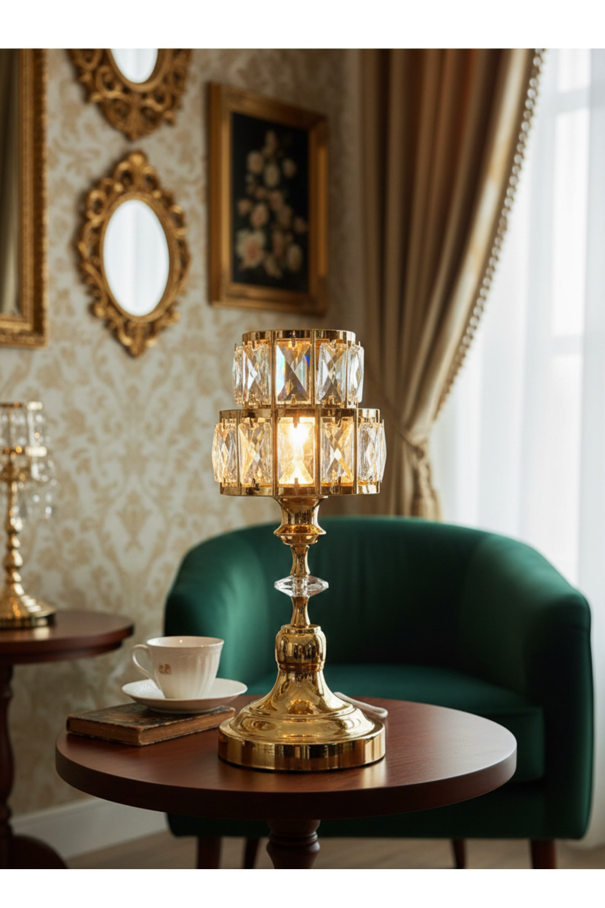 Modern Decorative Gold Metal Footed Crystal Stone Crystal Table Lamp with Tapered Hat