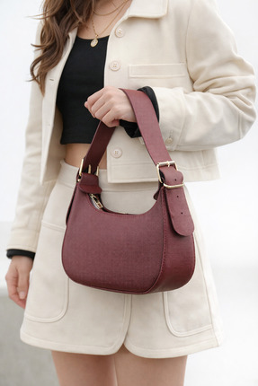 REVENKO Pera Bordo Baget Kadın Çantası Omuz Çantası - Kol Çantası - El Çantası
