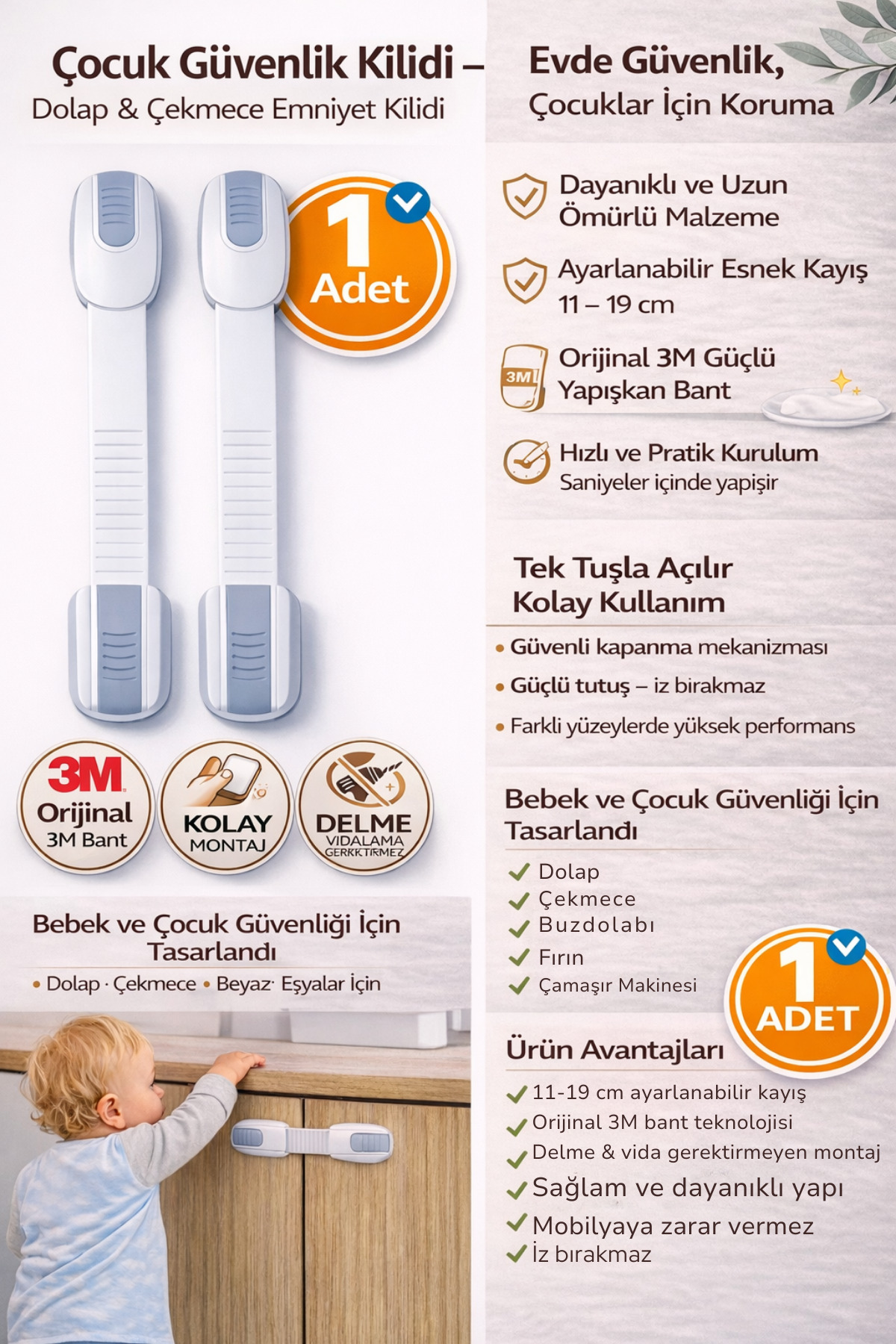 Miningaa Iz Bırakmaz Yapışkanlı Ayarlanabilir Boyut Çok Amaçlı Dolap Ve Kapı Kilidi Bebek Güvenlik fotoğrafı 2 (önizleme)