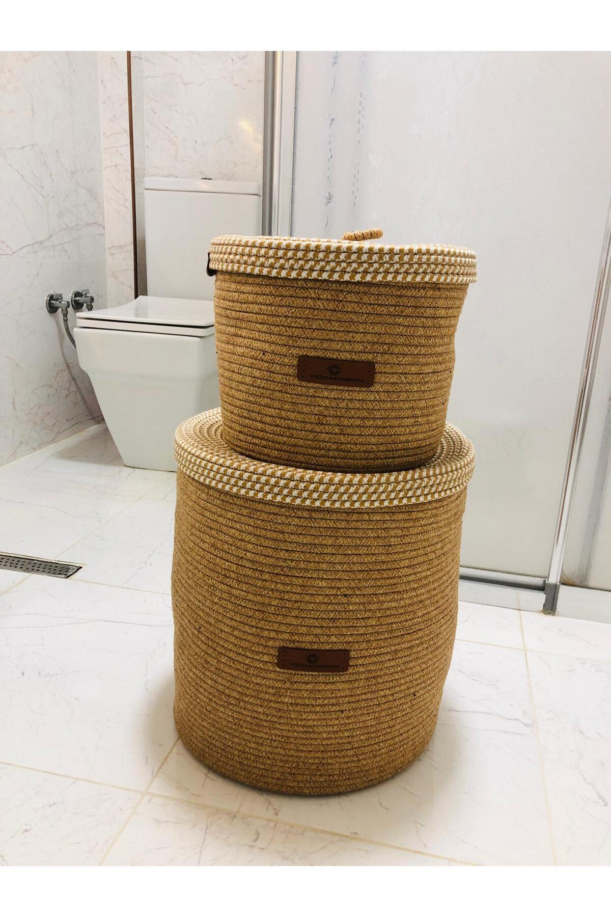 Jute,Wicker,2 Li,Bathroom Basket Set,Bohemian Style Bathroom Set,Scandinavian Style/Basket/40x35