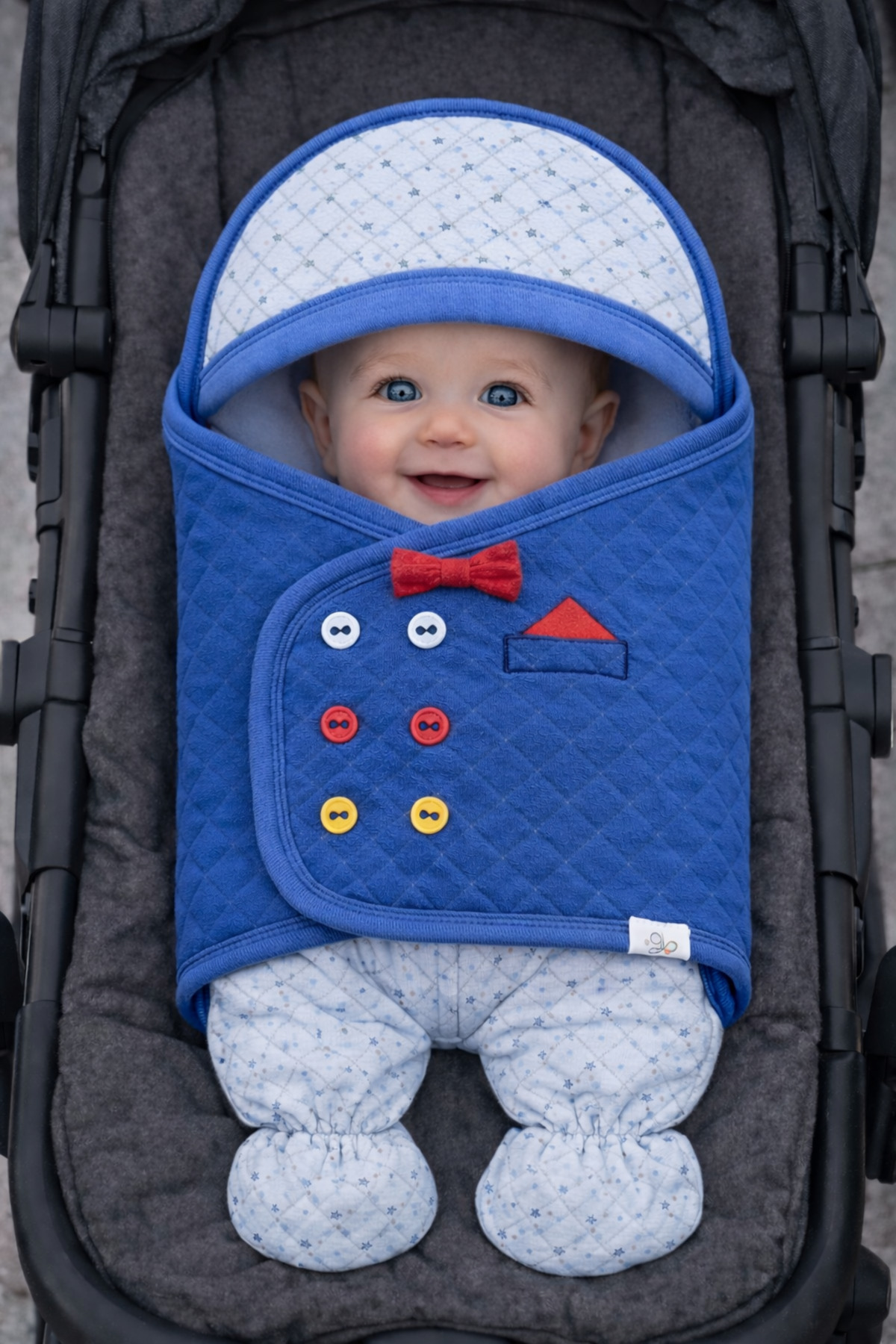 Tomuycuk %100 Pamuklu Mavi Erkek Bebek Kundak Battaniyesi Kapüşonlu Ayaklı Yenidoğan Puset Kundağı fotoğrafı 3 (önizleme)