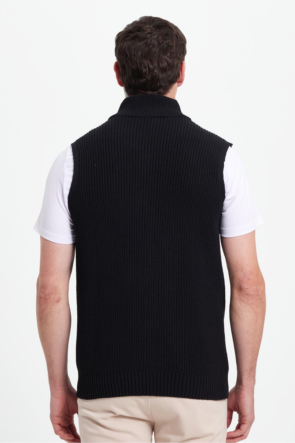 Tudors  Erkek Standart Fit Normal Kesim Fermuarlı Dik Yaka Sıcak Tutan Siyah Triko Yelek - Görsel 8