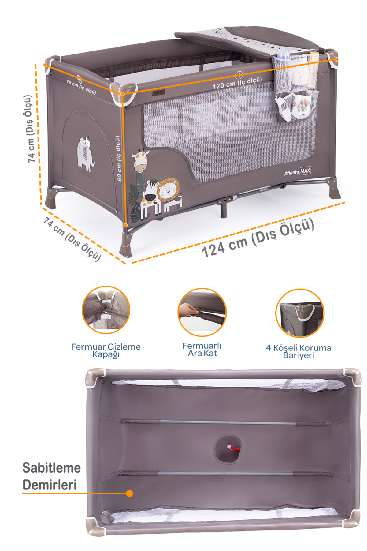 Prego Atlanta Max Alt Açma Üniteli Park Yatak Oyun Parkı Beşik 70*120 Cm Yatak Hediyeli fotoğrafı 6 (önizleme)