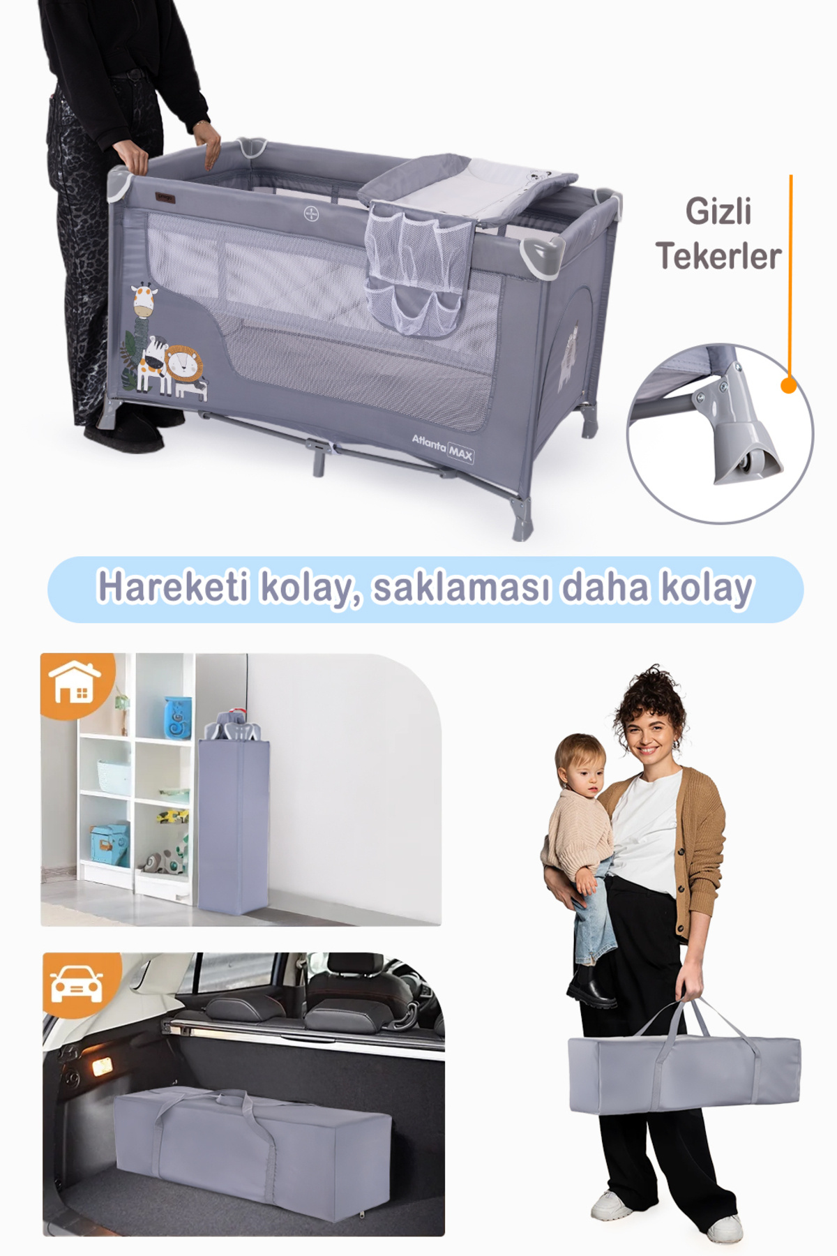 Prego Atlanta Park Yatak Oyun Parkı 70x120 cm - Sallanır Katlanabilir Beşik + Yatak Hediyeli fotoğrafı 3 (önizleme)