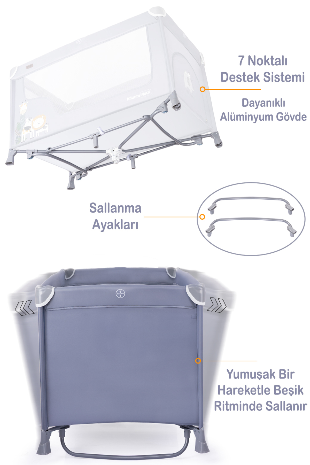 Prego Atlanta Park Yatak Oyun Parkı 70x120 cm - Sallanır Katlanabilir Beşik + Yatak Hediyeli fotoğrafı 4 (önizleme)