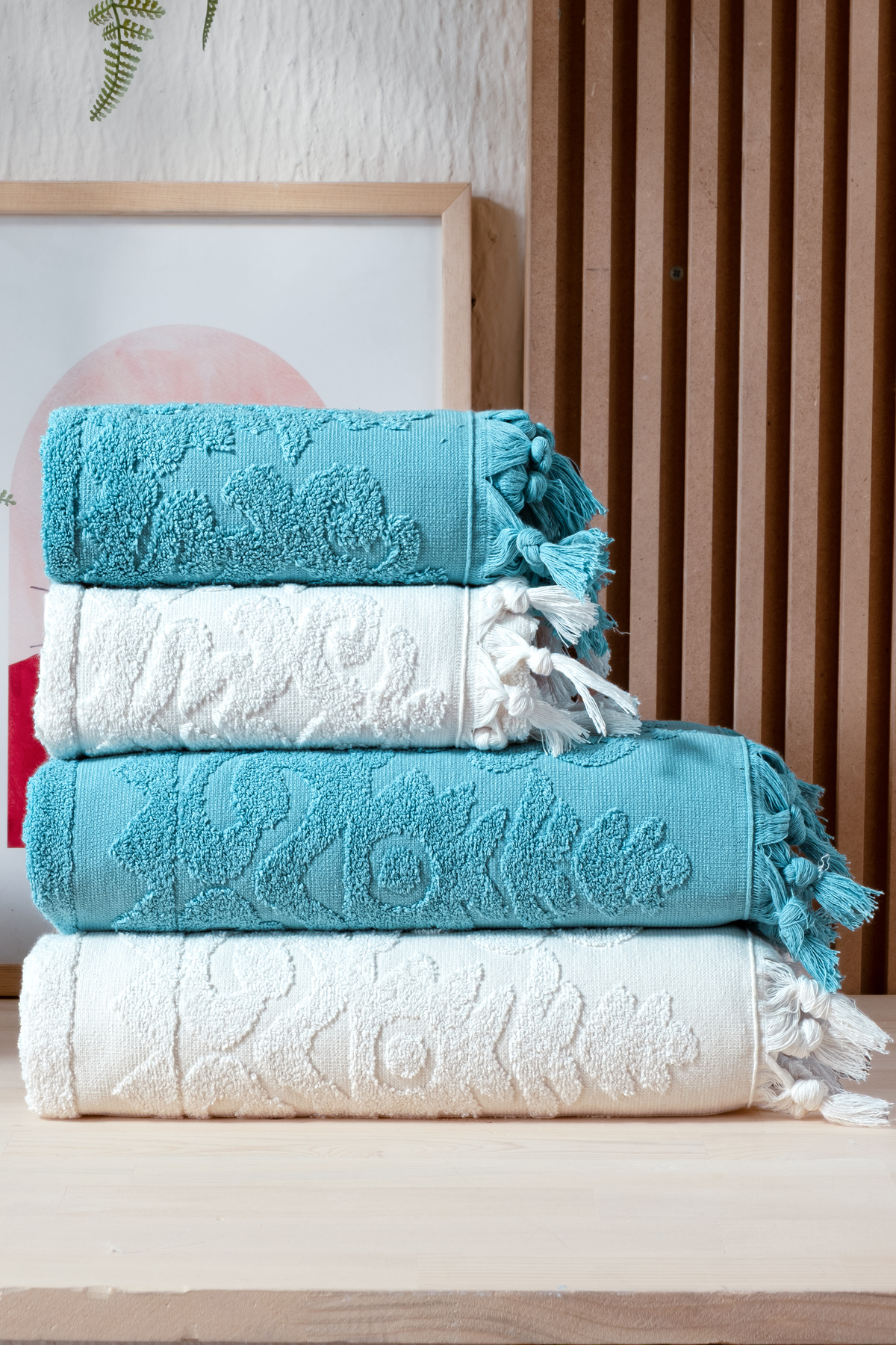 Beach Bath Set of 4 100% Cotton (2 Pieces 70x140 Size, 2 Pieces 50x90 Hand, Face, Hair Towels), 1250gr