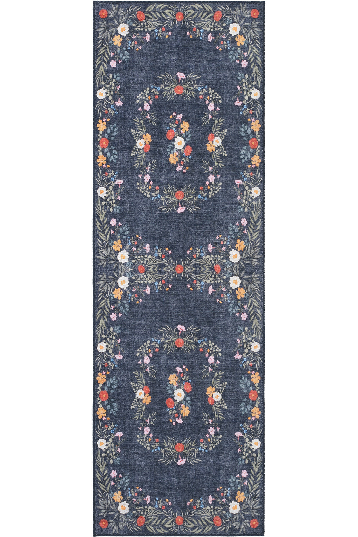 Florence Navy Blue Green Floral Decorative Authentic Thin Machine Washed Printed Corridor Carpet Runner