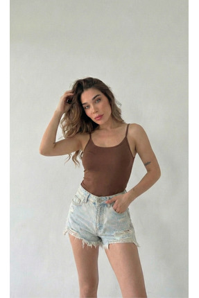 Moda Hour Kadın Kahve Ayarlanabilir İp Askılı Likralı Basic Body