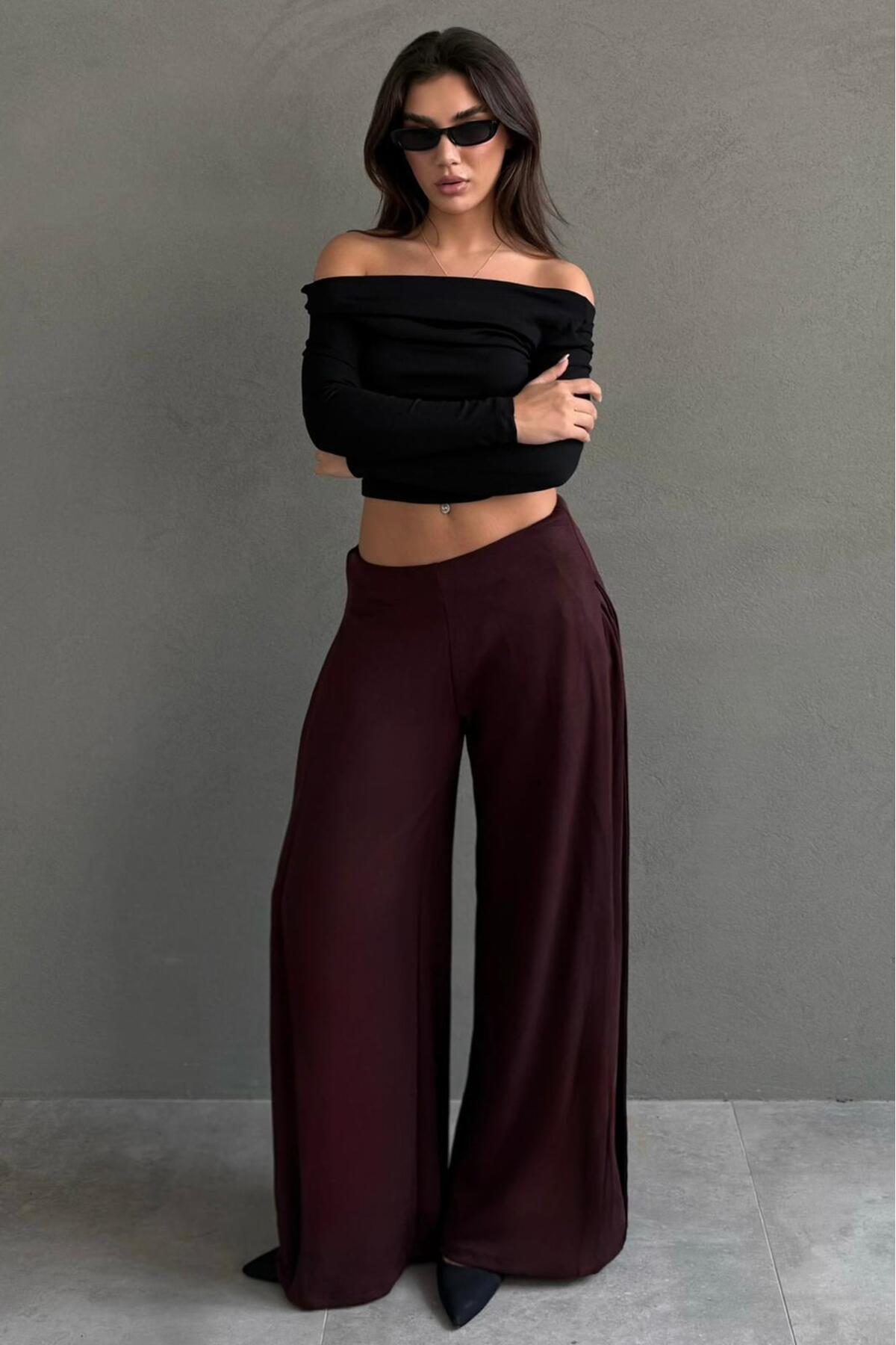 Burgundy Pocket Crepe Fabric Wide Leg Pants MG2668
