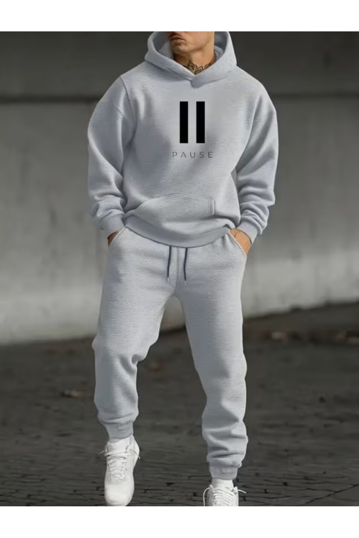 ERKEK PAUSE ALT ÜST Takım Moda Baskı Tasarımlı Trend Kapşonlu Sweatshirt — خاکستری buse pause