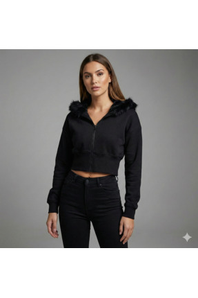 La Roenne Boutique La Rôenne Siyah Yaka Kürklü Tam Fermuarlı Kapüşonlu Crop H...