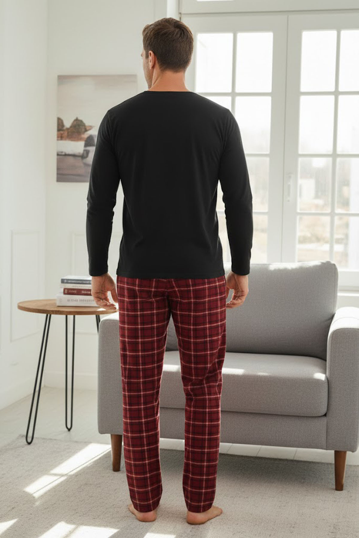 Siyah İnci ERKEK siyah bordo ekose Kaplan Baskılı Örme Pijama Takım 7959 görsel 3