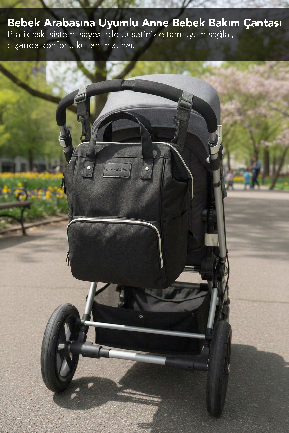 Meleni Baby Anne Bebek Bakım Sırt Çantası - Bebek Arabası Askı Aparatlı Biberon Bölmeli Sırt Çantası Siyah fotoğrafı 6 (önizleme)