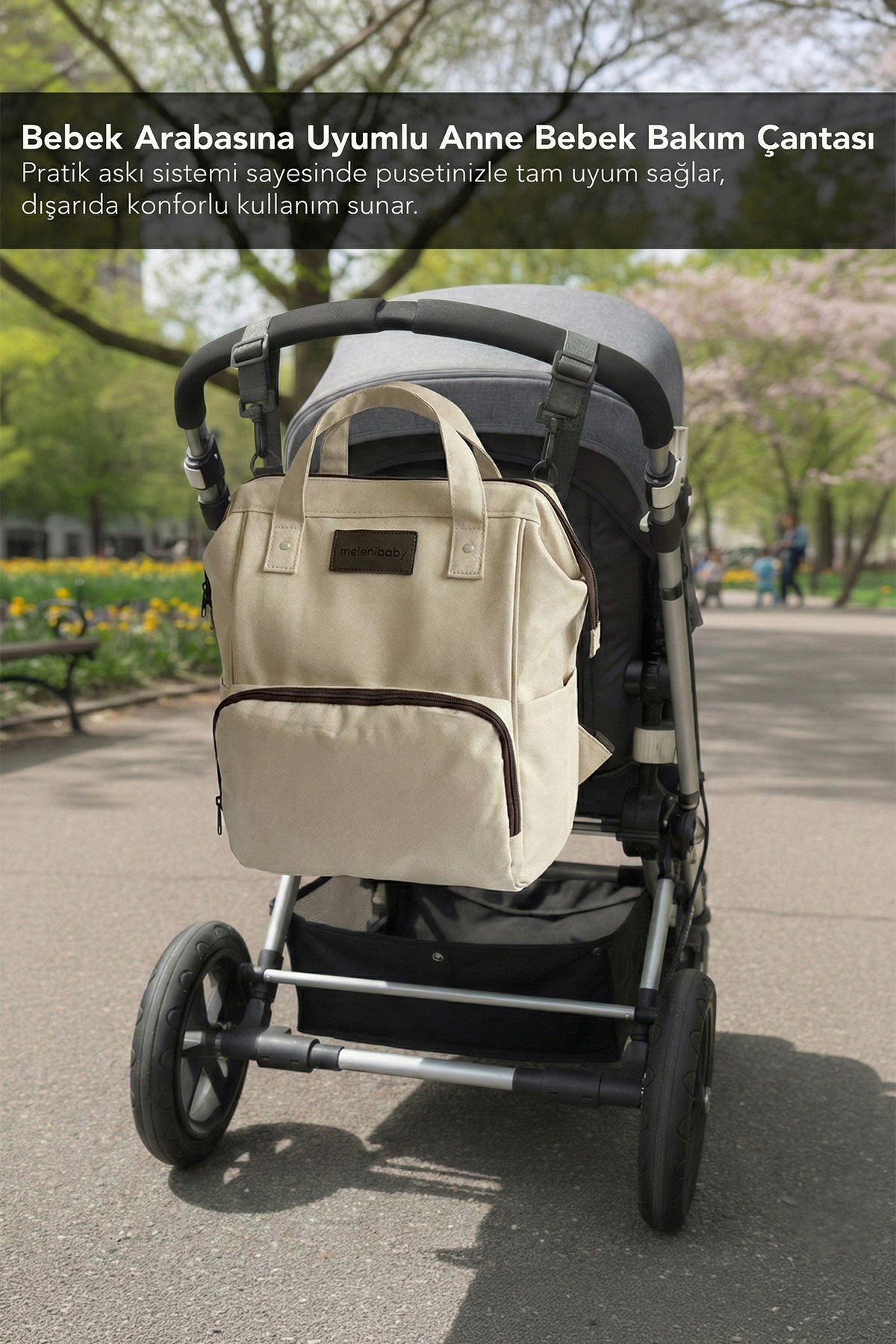 Meleni Baby Anne Bebek Bakım Sırt Çantası - Bebek Arabası Askı Aparatlı Biberon Bölmeli Sırt Çantası Bej fotoğrafı 6 (önizleme)
