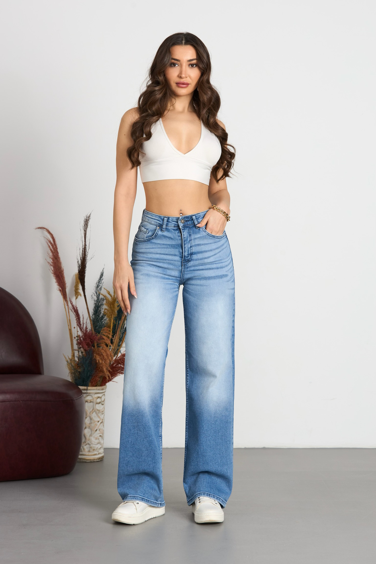 Kadın Soluk Efekt Vintage Yüksek Bel Wide Leg Jeans Mavi Efektli 6