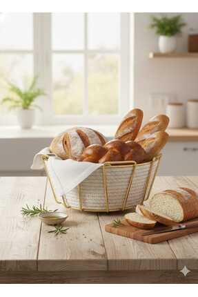 defnem home Dekoratif Gold Detaylı Hasır Ekmek Sepeti