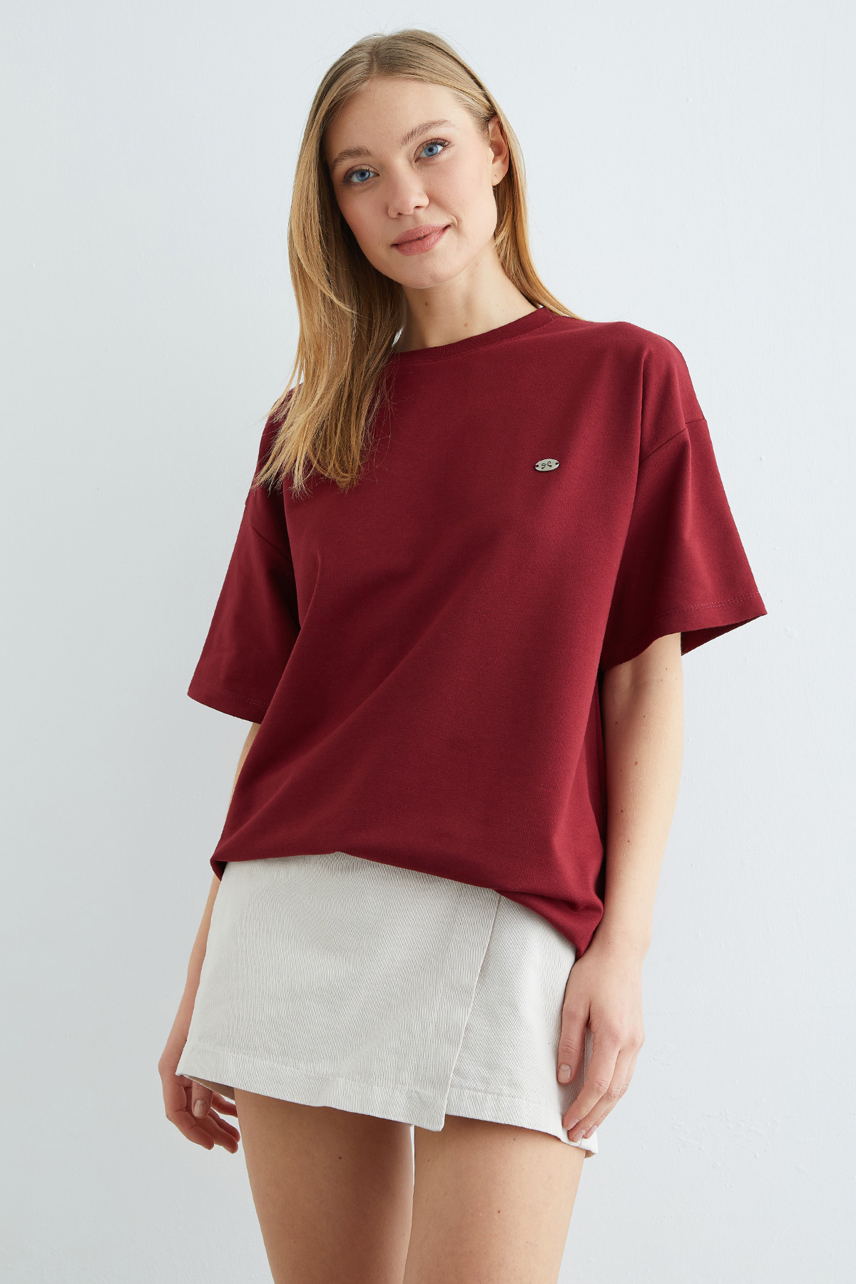 Fullamoda  Fiyonk Aksesuarlı Bisiklet Yaka Oversize Tişört - Görsel 3