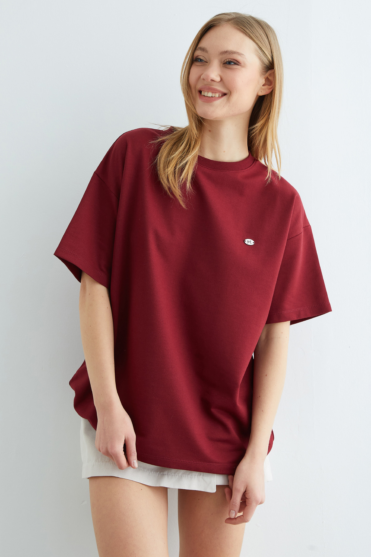 Fullamoda  Fiyonk Aksesuarlı Bisiklet Yaka Oversize Tişört