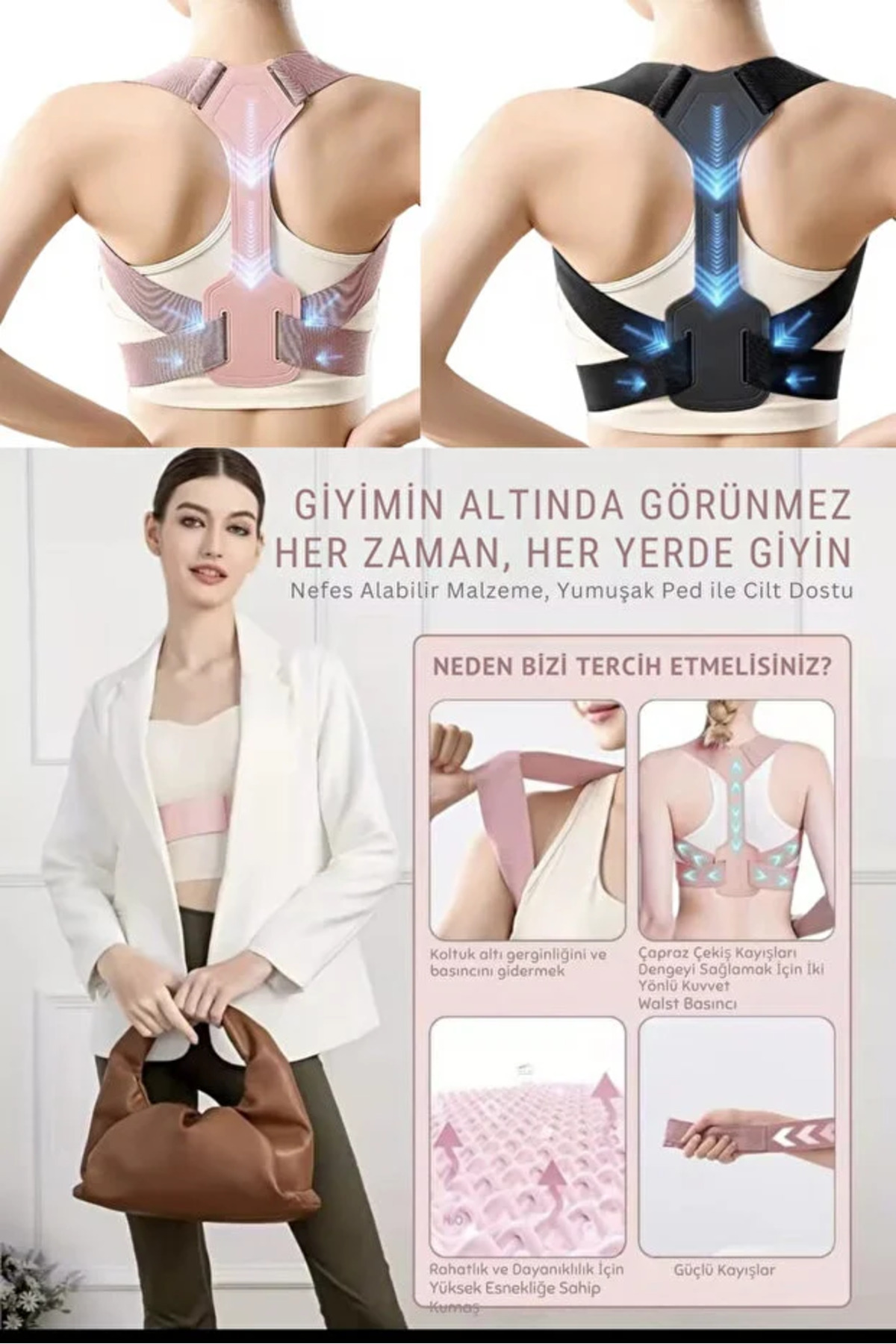 Belvella Dik Duruş Korsesi Gün Boyu Rahat Kullanım Sunan, Omuz ve Sırt Destekleyici Ayarlanabilir Bantlı görsel 3
