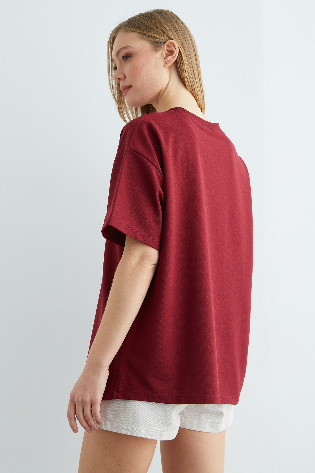 Fullamoda  Fiyonk Aksesuarlı Bisiklet Yaka Oversize Tişört - Görsel 8