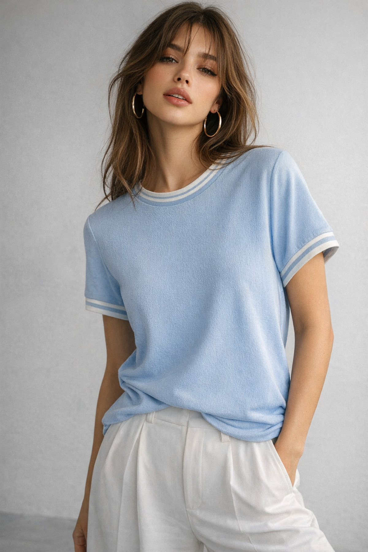 Rich  Kadın Mavi Bisiklet Triko Yaka Kısa Kollu Basic T-Shirt