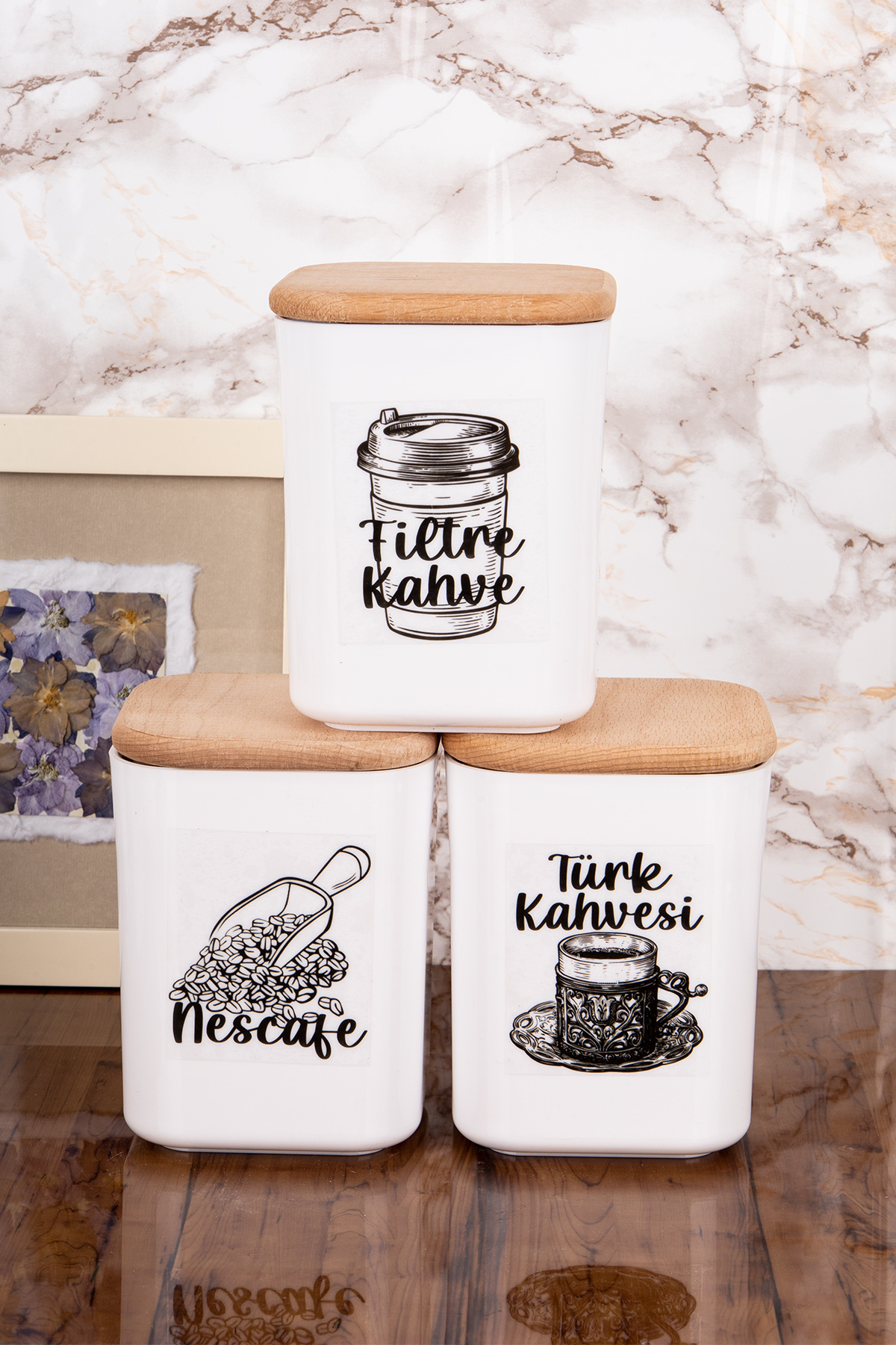 3 Pieces 900 ml Storage Box Labeled Coffee Corner Set Coffee Storage Box with Wooden Lid 12 x10 cm