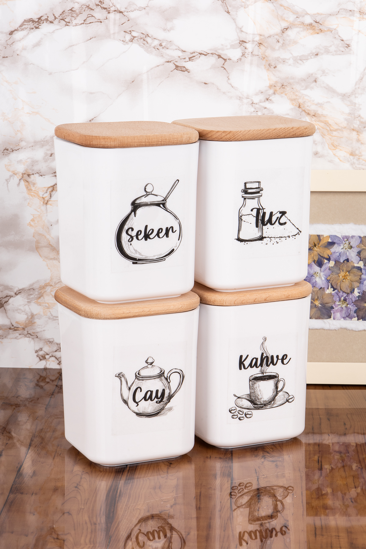 900 ml Storage Container Set of 4 Labeled Tea Sugar Coffee Salt Wooden Storage Jar with Lid Acrylic
