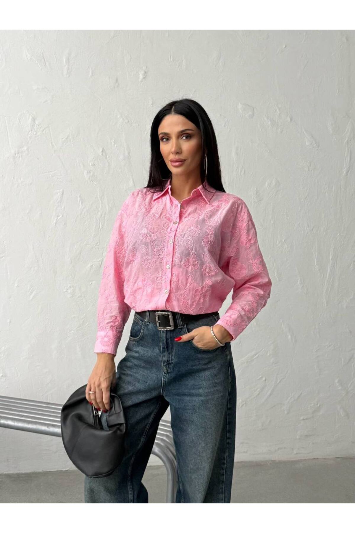 EAS GİYİM  Nakışlı Çiçek Desenli Pamuklu Gömlek