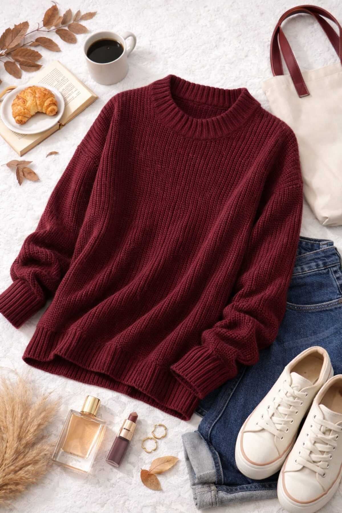 UZÇE MODA  Bordo Renk Bisiklet Yaka Oversize Kadın Triko Kazak - Görsel 4