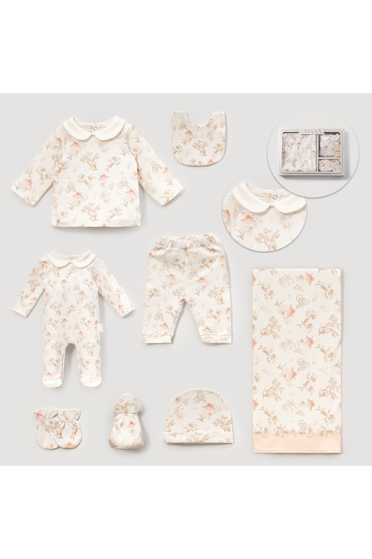 ZEYNUKO KIZ BEBEK HAYAL ORMANI BASKILI %100 PAMUK 8'Lİ YENİDOĞAN HASTANE ÇIKIŞI ZIBIN SETİ KUTULU fotoğrafı 2 (önizleme)