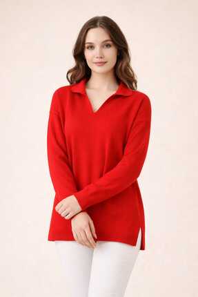 UZÇE MODA Polo Yaka Kırmızı Kadın Triko Kazak