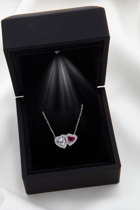 SARIASLAN Işıklı Kutuda Koyu Pembe Taşlı Asil Yükseltilmiş Kalpler Gümüş Koly...