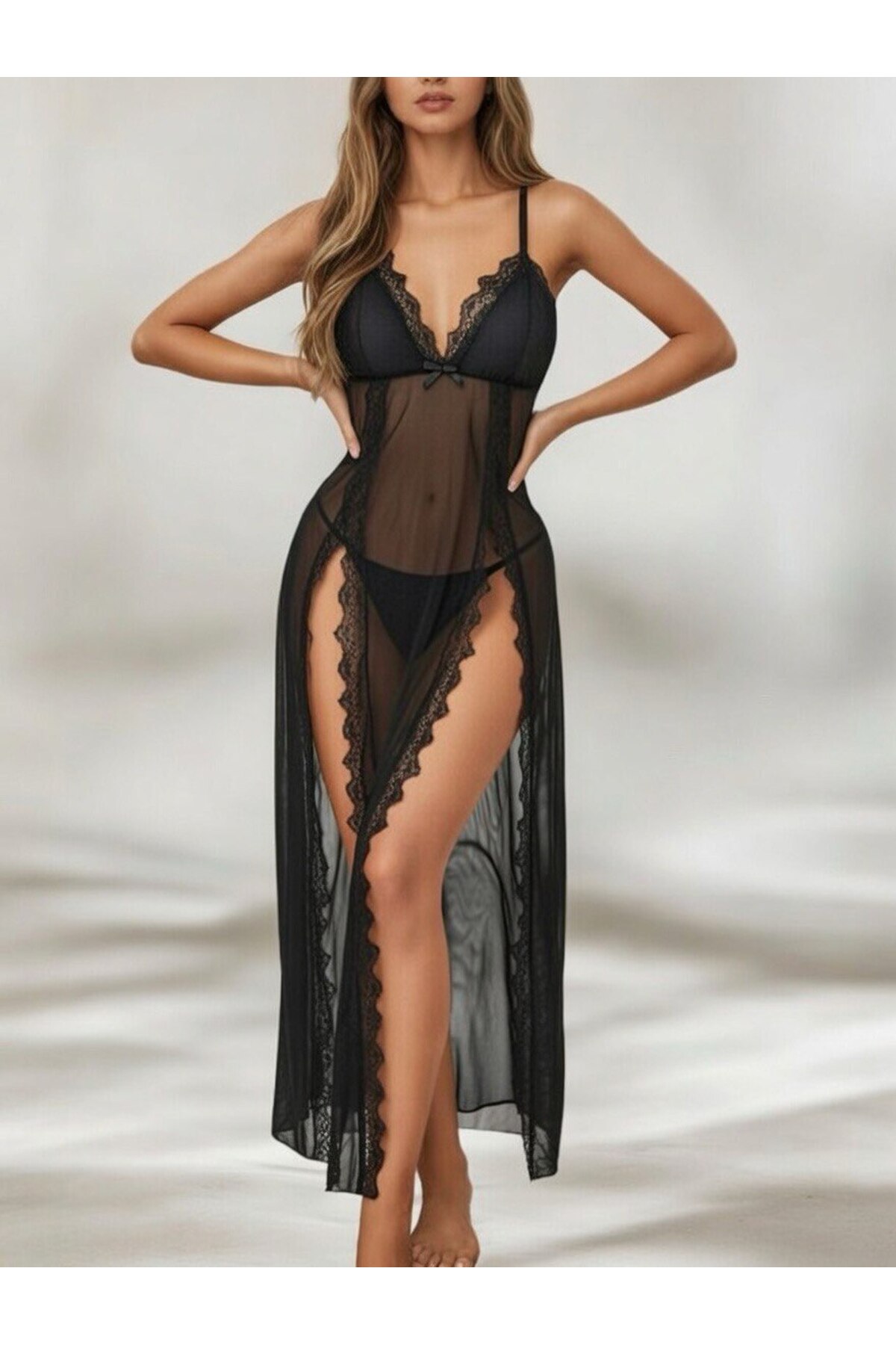 AURASTİL Kadın Siyah Şifon Dantelli Uzun Gecelik – Askılı, Zarif & Feminen Tasarım