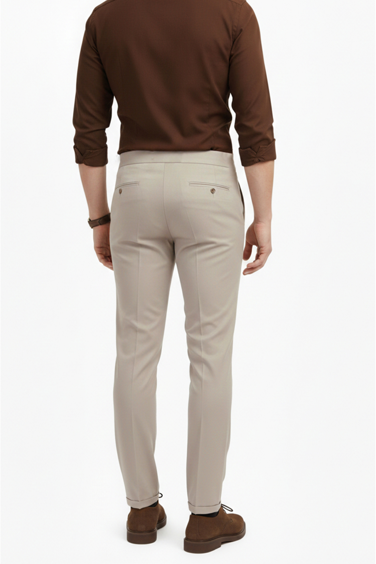 DeepSea  Erkek Bej Likralı İtalyan Kesim Pileli Kemer Tokalı Şık Kumaş Pantolon 2601020 - Görsel 5