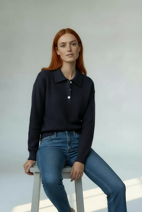 Nostos Algos Lacivert Düğmeli Polo Yaka Triko Kazak